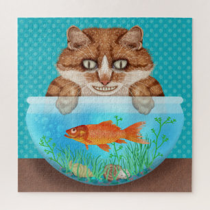 Cat with Goldfish Bowl Funny Hungry Grinning Kitty ジグソーパズル
