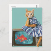 Cat With Goldfish on TV Retro Collage ポストカード (正面/裏面)
