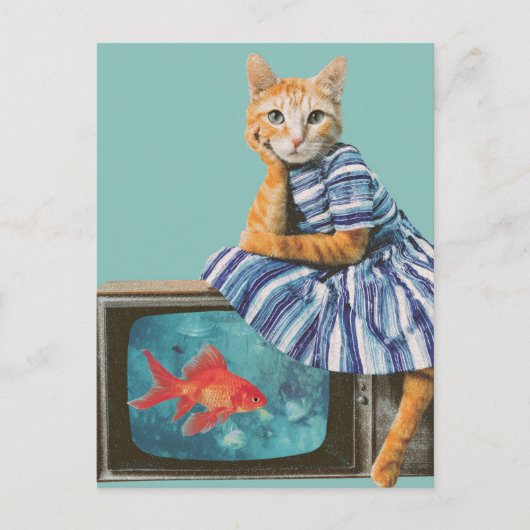 Cat With Goldfish on TV Retro Collage ポストカード (正面)