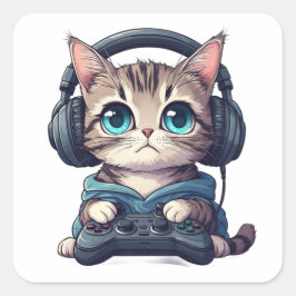 Cat with headphones and controller スクエアシール
