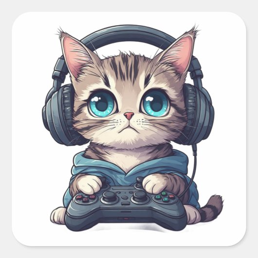 Cat with headphones and controller スクエアシール (正面)