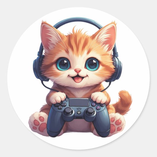 Cat with headphones and controller ラウンドシール (正面)