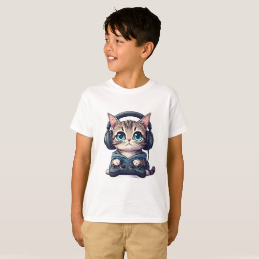 Cat with headphones and controller tシャツ (正面フル)