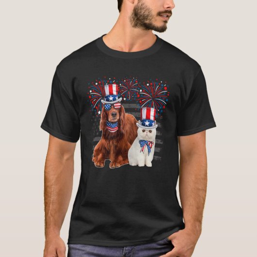 Cat With Irish Setter Sunglasses American Flag 4th Tシャツ (正面)