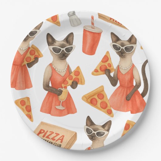 Cat with pizza for Siamese Cat Lovers ペーパープレート (正面)