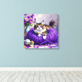 Cat with Purple Eyes in Purple Yarn and Flowers キャンバスプリント (インサイチュ (ウッドフロア))
