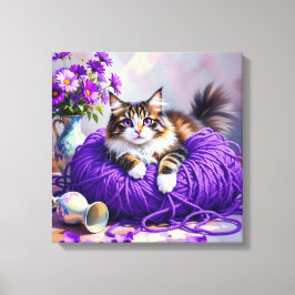 Cat with Purple Eyes in Purple Yarn and Flowers キャンバスプリント