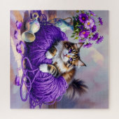 Cat with Purple Eyes in Purple Yarn and Flowers ジグソーパズル (横)