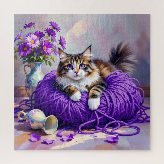 Cat with Purple Eyes in Purple Yarn and Flowers ジグソーパズル (縦)