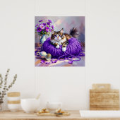 Cat with Purple Eyes in Purple Yarn and Flowers ポスター (キッチン)