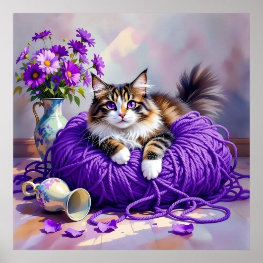 Cat with Purple Eyes in Purple Yarn and Flowers ポスター (正面)