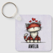 Cat with Red Hearts Cute and Fun キーホルダー (正面)