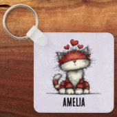 Cat with Red Hearts Cute and Fun キーホルダー (正面)