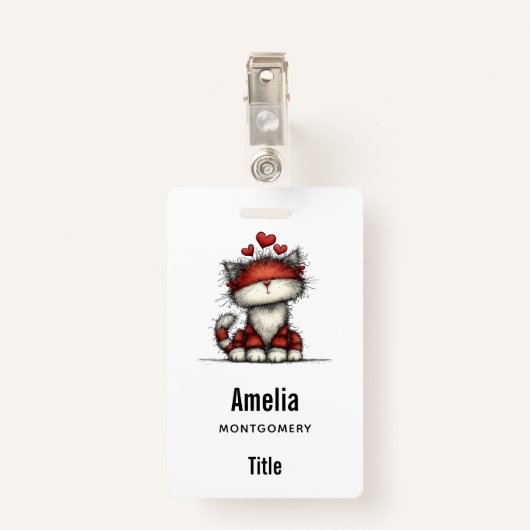 Cat with Red Hearts Cute and Fun バッジ (裏面クリップ)