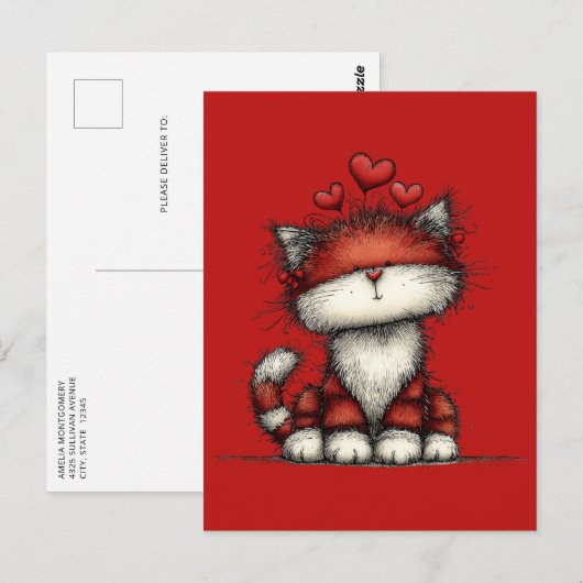 Cat with Red Hearts Cute and Fun ポストカード (正面/裏面)