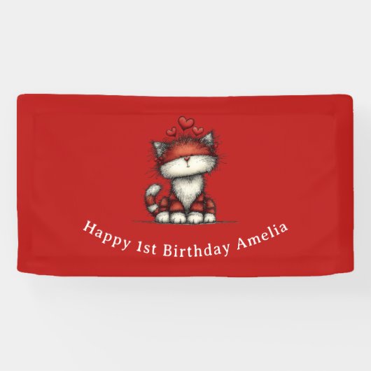 Cat with Red Love Hearts Cute and Fun Birthday 横断幕 (横)
