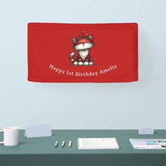 Cat with Red Love Hearts Cute and Fun Birthday 横断幕 (トレードショー)