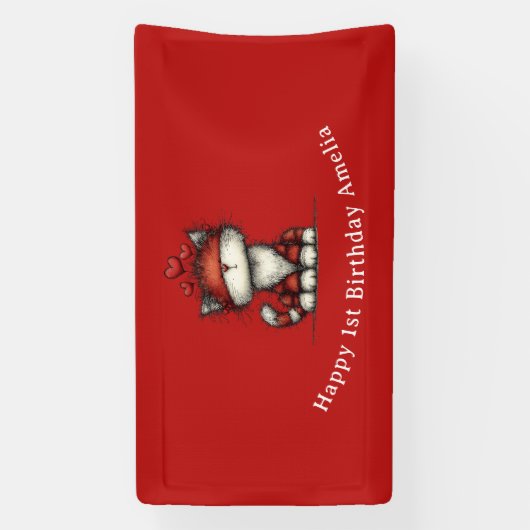 Cat with Red Love Hearts Cute and Fun Birthday 横断幕 (縦)