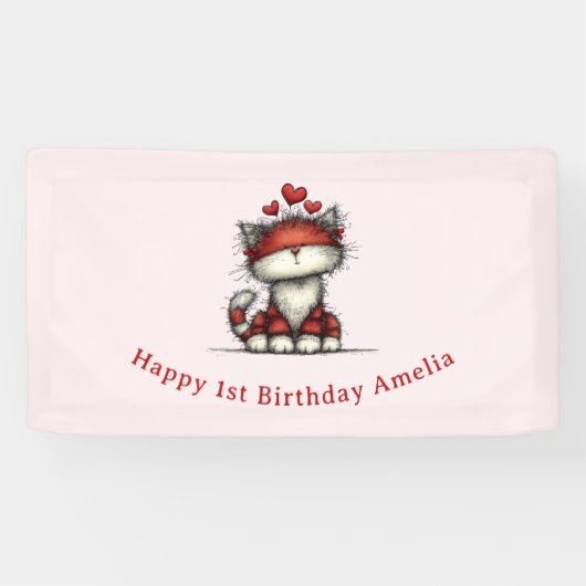 Cat with Red Love Hearts Cute and Fun Birthday 横断幕 (横)