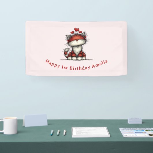 Cat with Red Love Hearts Cute and Fun Birthday 横断幕 (トレードショー)