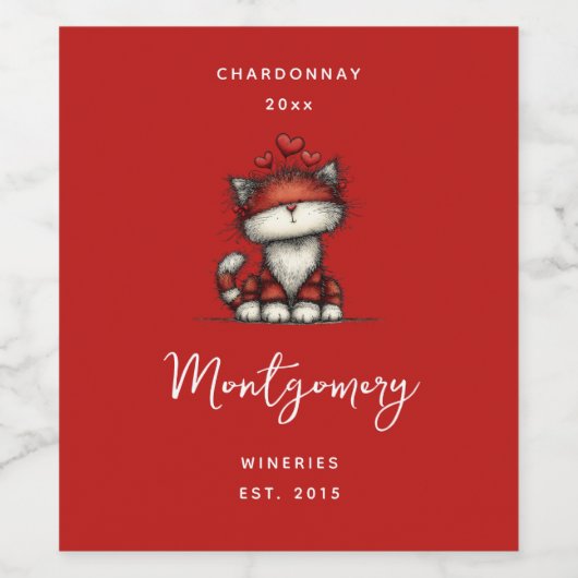 Cat with Red Love Hearts Cute and Fun Wine Making ワインラベル (シングルラベル)