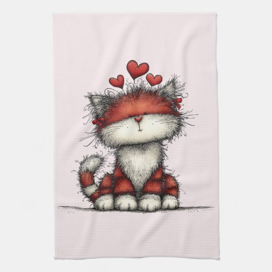 Cat with Red Love Hearts Cute and Funny キッチンタオル (縦)