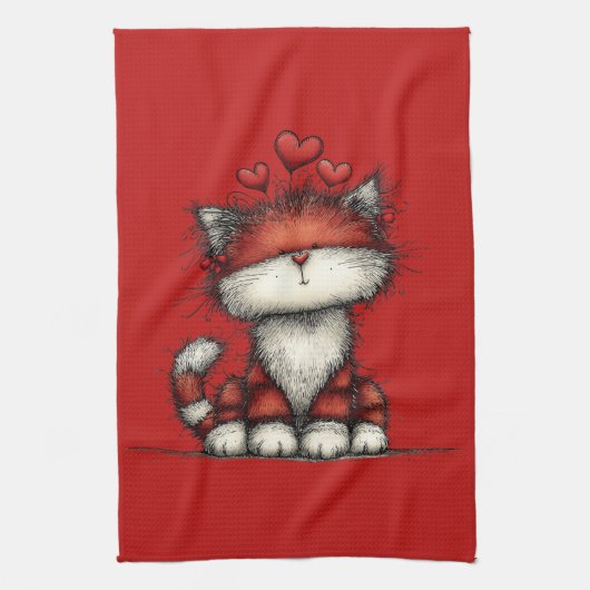 Cat with Red Love Hearts Cute and Funny キッチンタオル (縦)