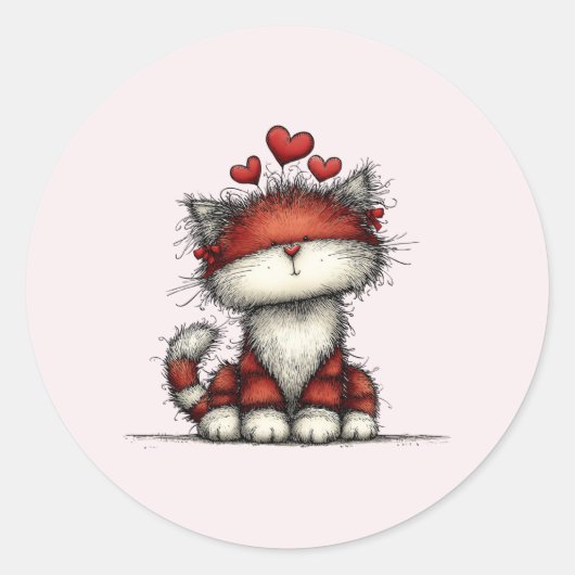 Cat with Red Love Hearts Cute and Funny ラウンドシール (正面)