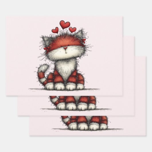 Cat with Red Love Hearts Cute and Funny ラッピングペーパーシート (セット)