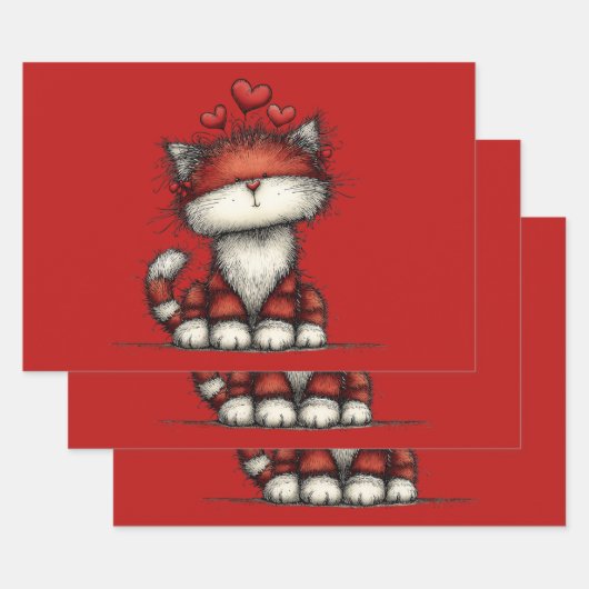 Cat with Red Love Hearts Cute and Funny ラッピングペーパーシート (セット)