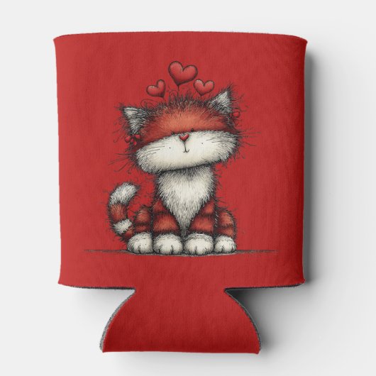 Cat with Red Love Hearts Cute and Funny 缶クーラー (裏面)