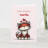 Cat with Red Love Hearts Cute and Funny Birthday カード (正面)
