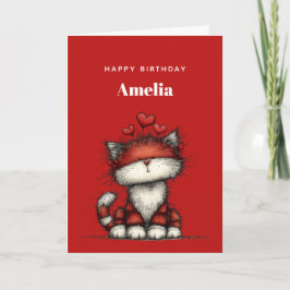 Cat with Red Love Hearts Cute and Funny Birthday カード