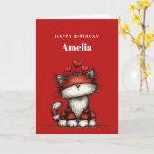 Cat with Red Love Hearts Cute and Funny Birthday カード (黄色い花)