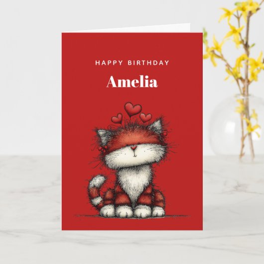 Cat with Red Love Hearts Cute and Funny Birthday カード (黄色い花)