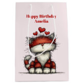 Cat with Red Love Hearts Cute and Funny Birthday ミディアムペーパーバッグ (正面)