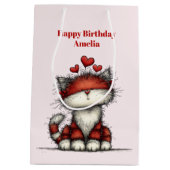 Cat with Red Love Hearts Cute and Funny Birthday ミディアムペーパーバッグ (裏面)