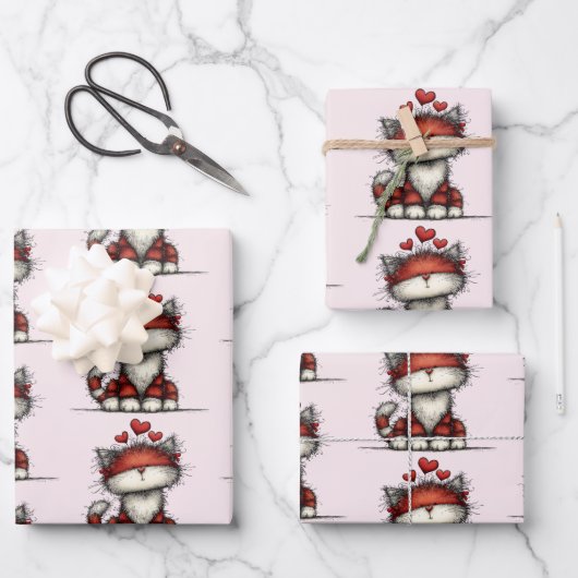 Cat with Red Love Hearts Cute and Funny Pattern ラッピングペーパーシート (正面)