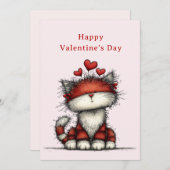 Cat with Red Love Hearts Cute Fun Valentine's Day シーズンカード (正面/裏面)