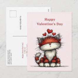 Cat with Red Love Hearts Cute Fun Valentine's Day シーズンポストカード