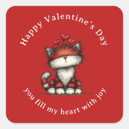 Cat with Red Love Hearts Cute Fun Valentine's Day スクエアシール