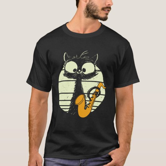 Cat With Saxophone Playing Cat Cute Jazz Cat Tシャツ (正面)