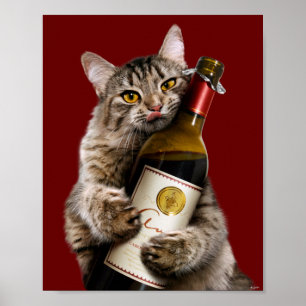 Cat With Wine Bottle ポスター