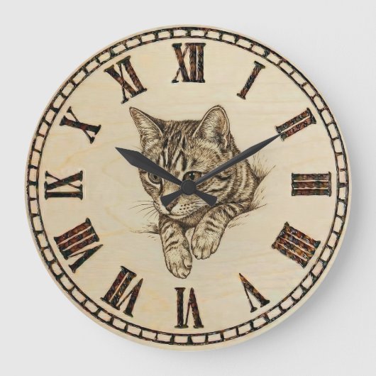 Cat wooden Wall Clock ラージ壁時計 (正面)