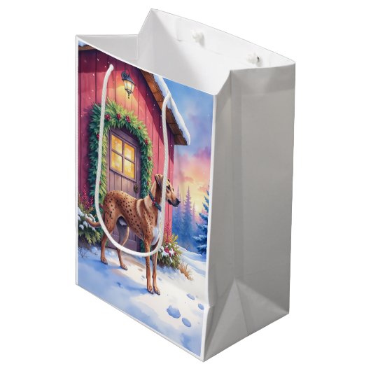 Catahoula Leopard Dog Rustic Barn Christmas Art ミディアムペーパーバッグ (正面アングル)