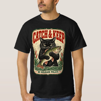 Catch & Keep Vintage Black Cat Fishing Art Tシャツ