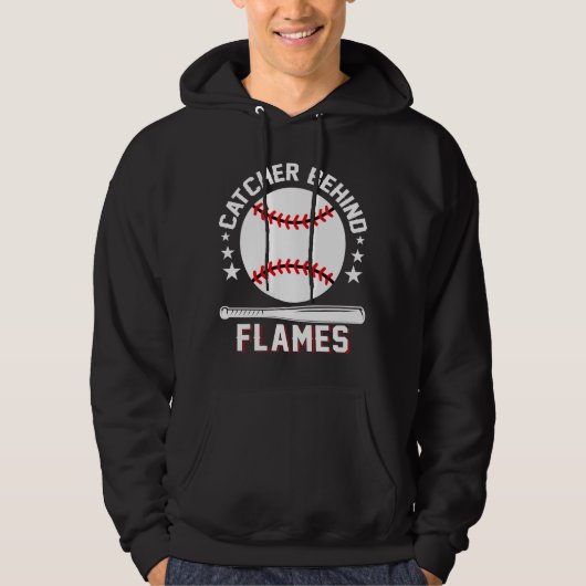 Catcher Behind Flames White Playing Baseball パーカ (正面)