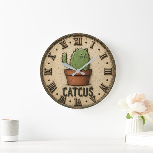 Catcus Funny Cactus Cat ラージ壁時計 (ホーム)