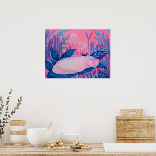 Caterpillar Cat Pink Purple Blue Fantasy Wall Art ポスター (キッチン)