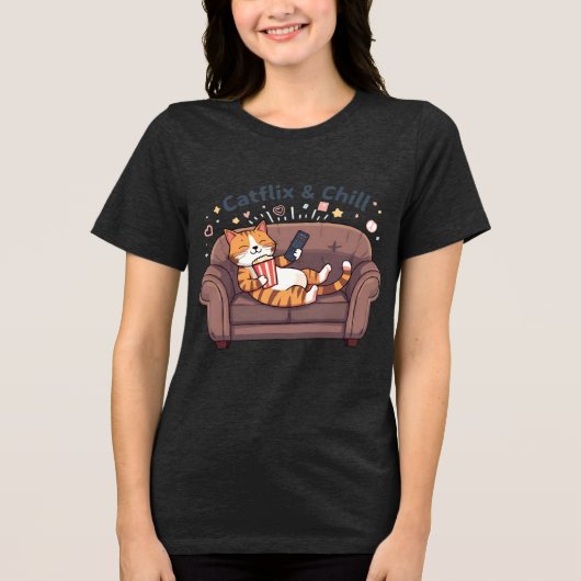 Catflix and Chill Funny Cat Art トライブレンドＴシャツ (正面)
